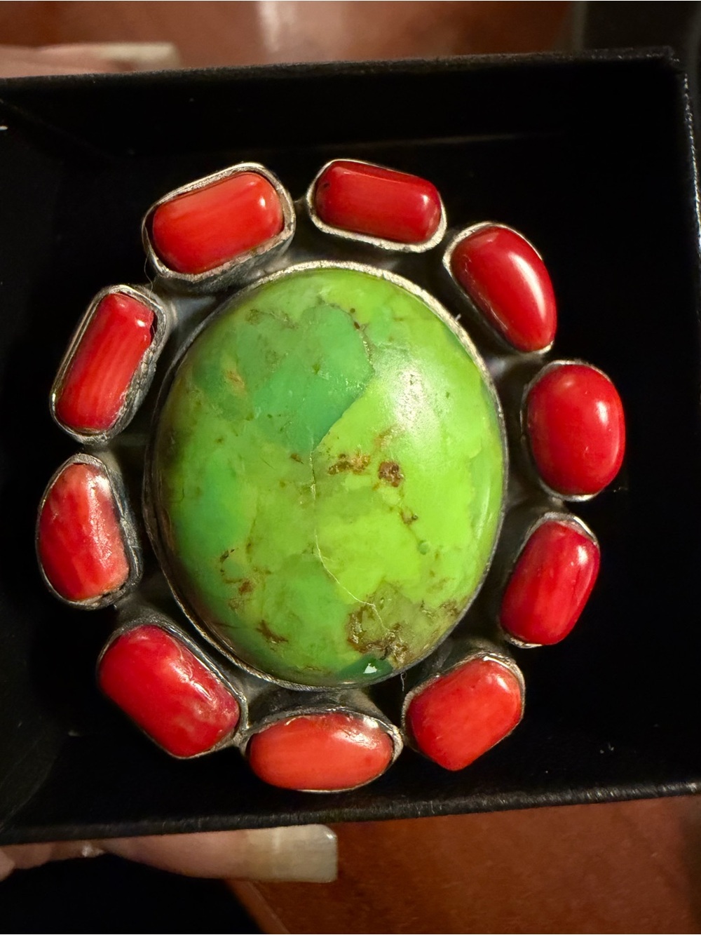 New Sterling Silver Southwestern Style Green Mojave Turquoise Red Coral Ring 8